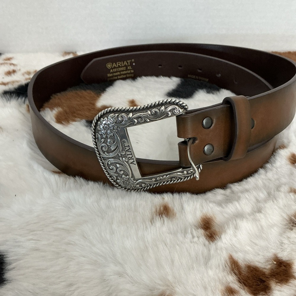 ARIAT Western Floral Filigree Buckle Leather Belt Womens Brown XL